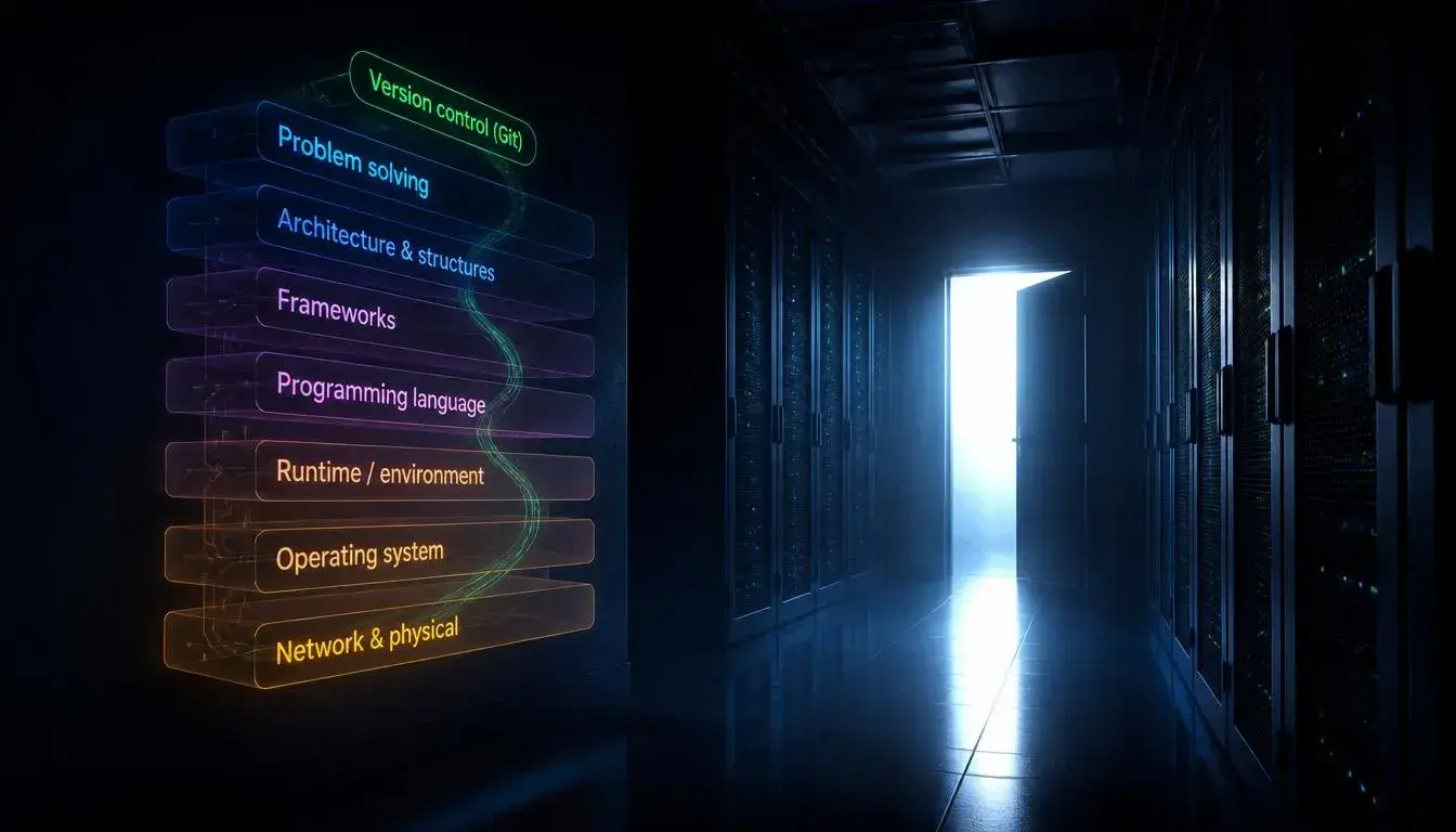 Glowing layered diagram of the programming stack, from problem solving down to network & physical, with a green Git thread running through all layers, beside a dark server corridor with light through an open door.