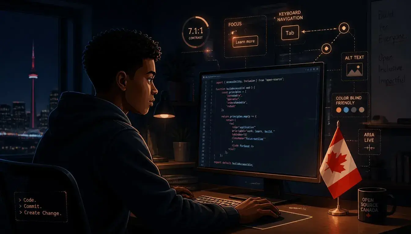 A teenage boy, sitting at a desk late at night, natural confident focus in his expression, dark charcoal and navy background, glowing monitor displaying clean lines of open-source code. A small Canadian flag — red maple leaf on white — stands beside the keyboard, softly backlit. Floating above the screen, translucent accessibility UI elements: contrast ratio circles, focus outlines, keyboard navigation paths arranged like a quiet constellation. Warm amber and Canadian red accents.